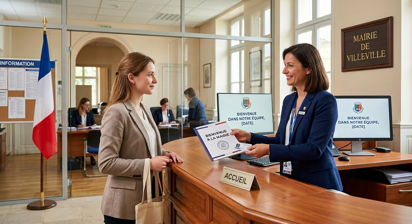 French Town Hall Welcome Desk Interaction Receptionist handing welcome booklet to a visitor at the French town hall desk