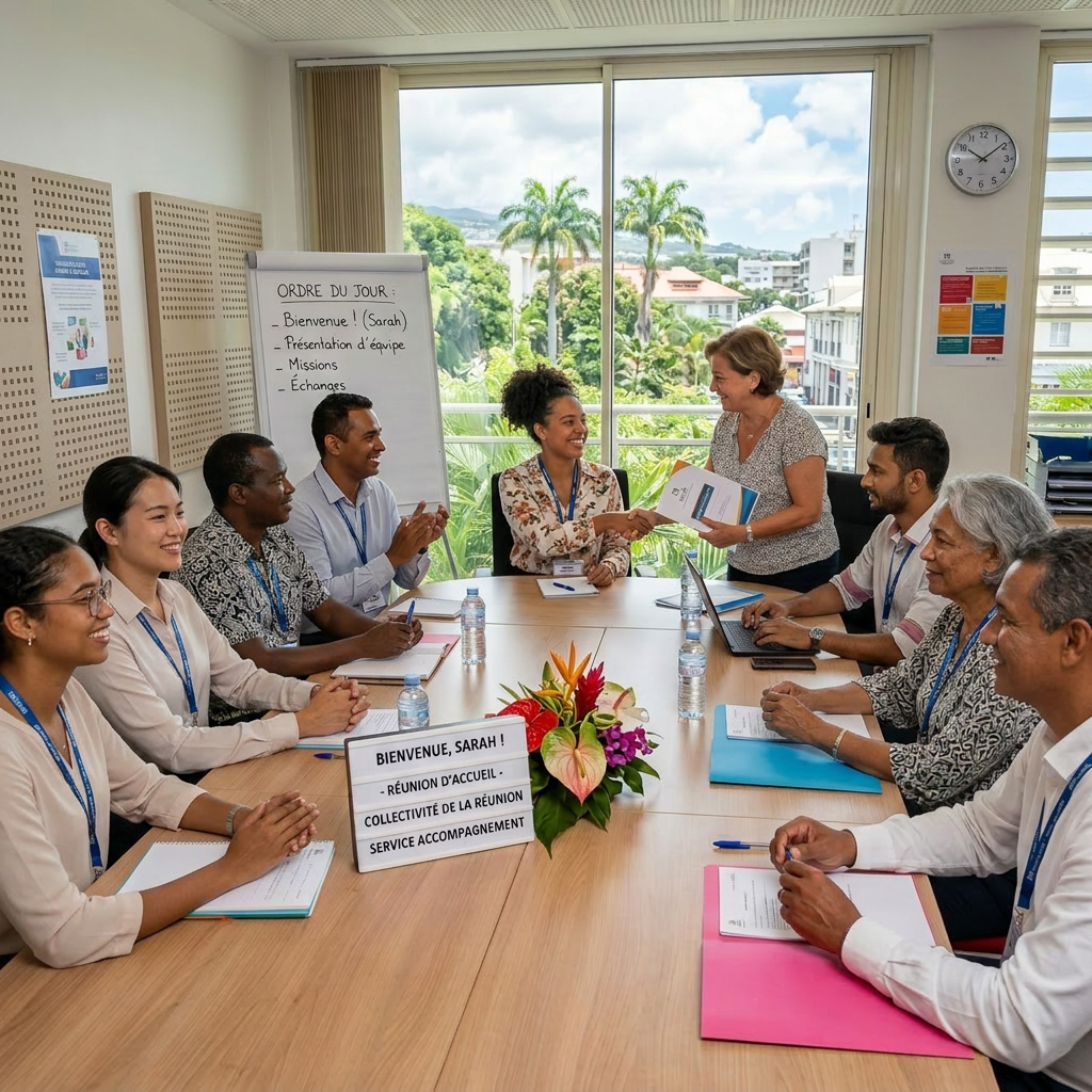 Team welcome meeting with agenda Team meeting welcoming Sarah with agenda on flip chart and nameplate
