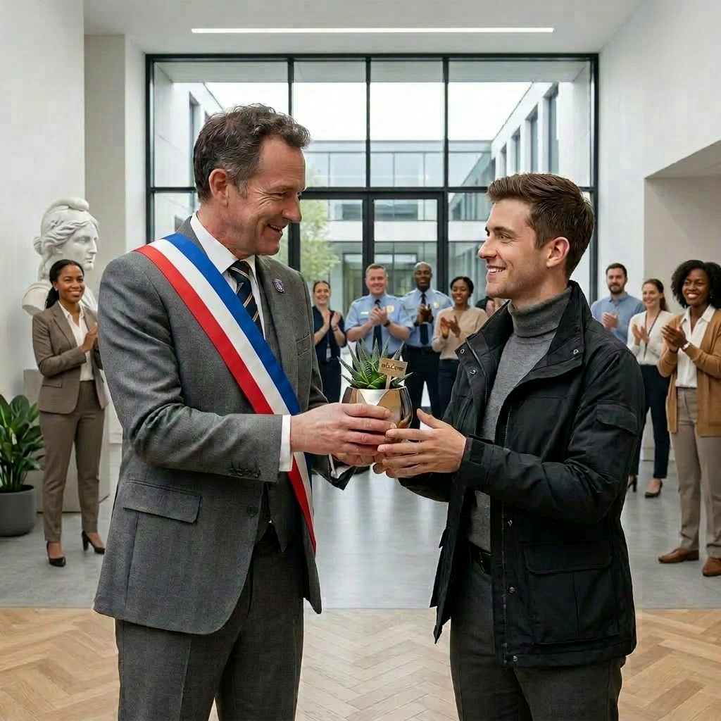Welcoming gift exchange between officials Man handing a potted succulent with welcome sign to female officer